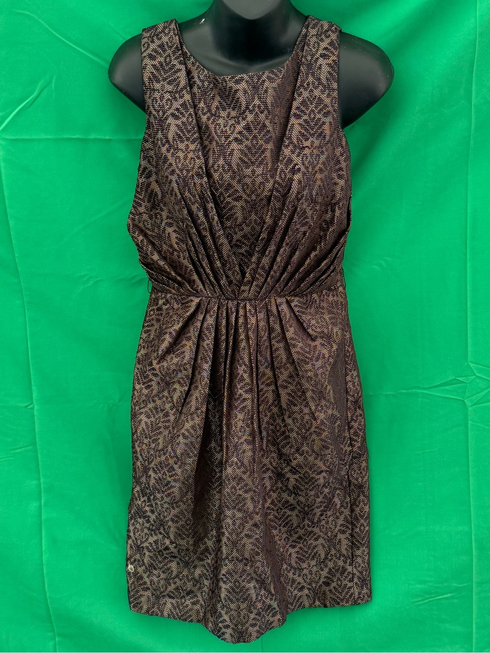 Bronze Metallic Herringbone Sheath Dress Draped Front Cocktail Size M